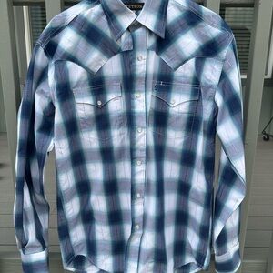 Men’s Stetson Blue Plaid Western Shirt – Pearl Snaps, Size M